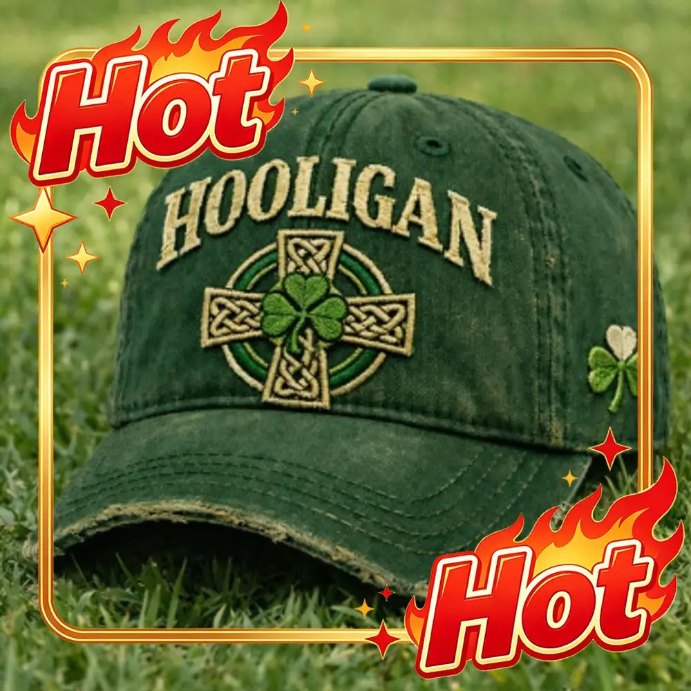 Custom Hat 1pc Of A Green Baseball Cap Featuring A Hooligan Celtic Cross And Shamrock Design, Suitable For Both Men And Women