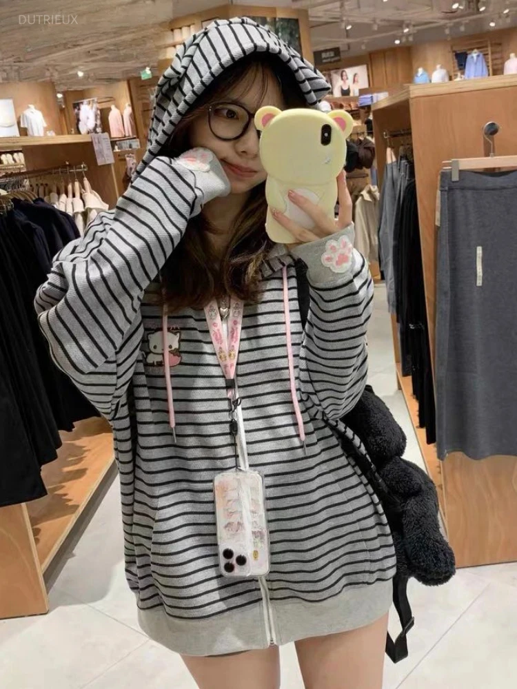 Японские повседневные полосатые толстовки с кошачьими ушками, женские Y2k, эстетичная кавайная свободная толстовка с вышивкой, толстовка на молнии в стиле гранж с героями мультфильмов, Kawaii