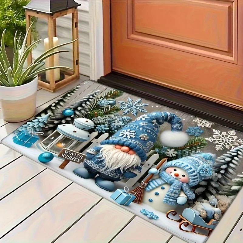 VIKAMA Winter Gnome Doormat Blue Snowman Snowflake Pine Tree Wooden Board Non Slip Christmas Front Door Floor Rug