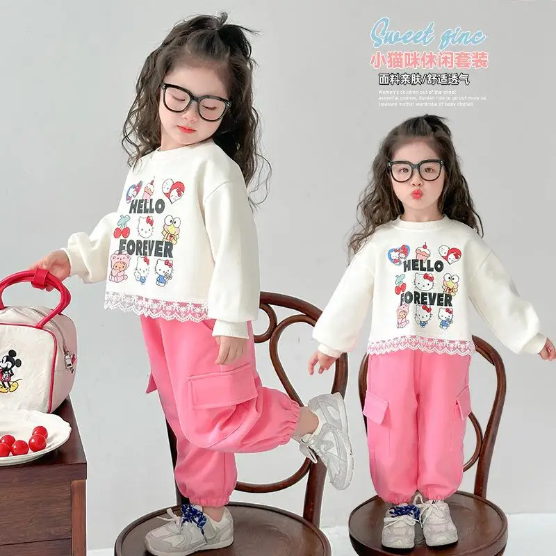 

Спортивный костюм Sanrio для девочек, длинные штаны, Hello Kitty Kawaii, аниме, студенческий весенне-осенний повседневный топ, комплект из 2 предметов, детская одежда, новинка
