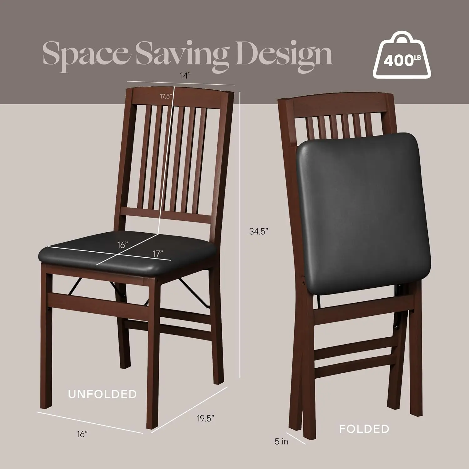 Compact Folding Wood Dining Chairs (Set of 2) – No Assembly, PU Leather Cushions, 400 lb Load Capacity, Space-Saving Design for