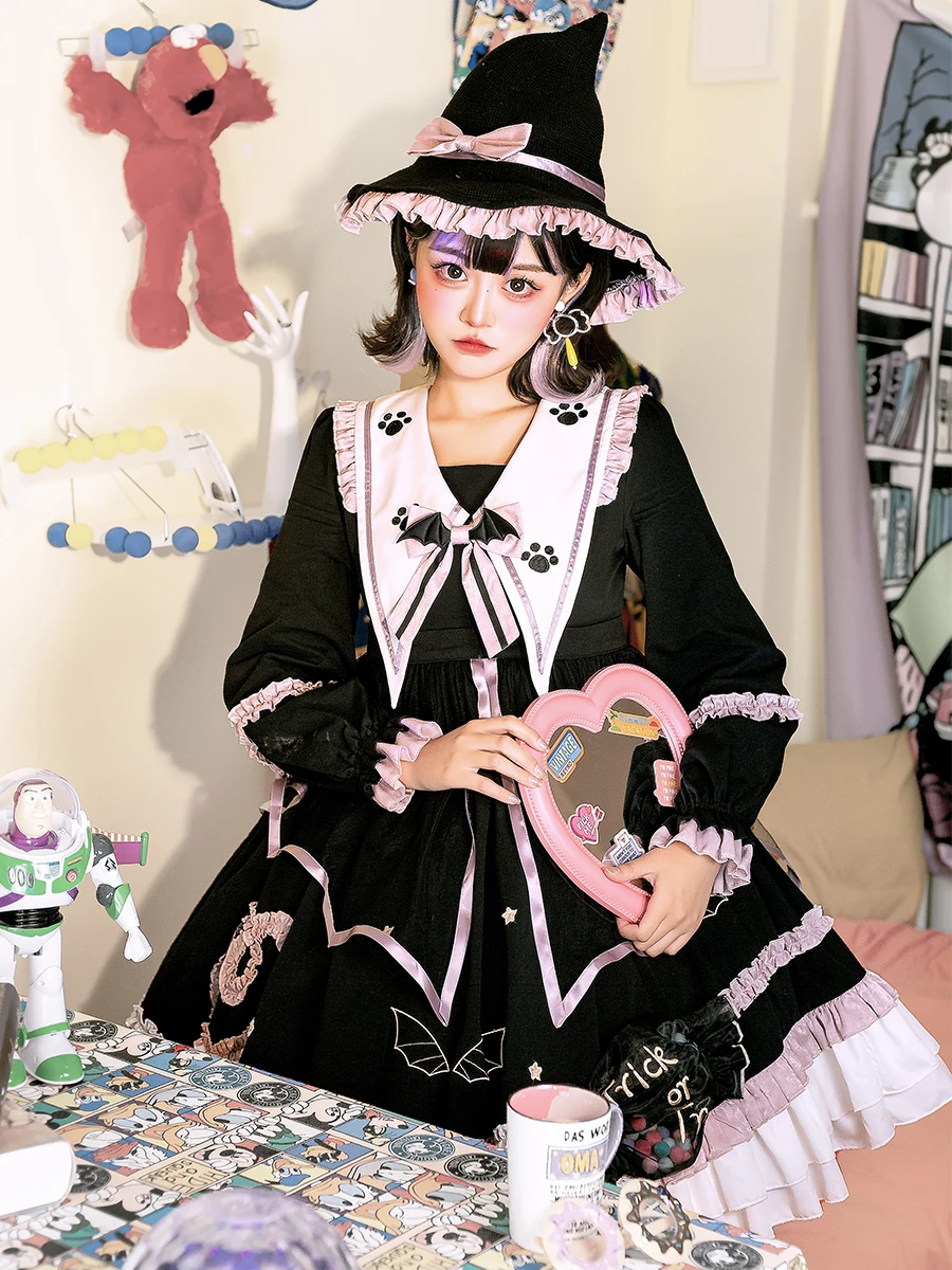 Vestido Lolita Op victoriano japonés para niña, Cosplay de Halloween, bruja oscura, falda de murciélago con capucha, vestido OP gótico, vestido Kawaii de moda para mujer