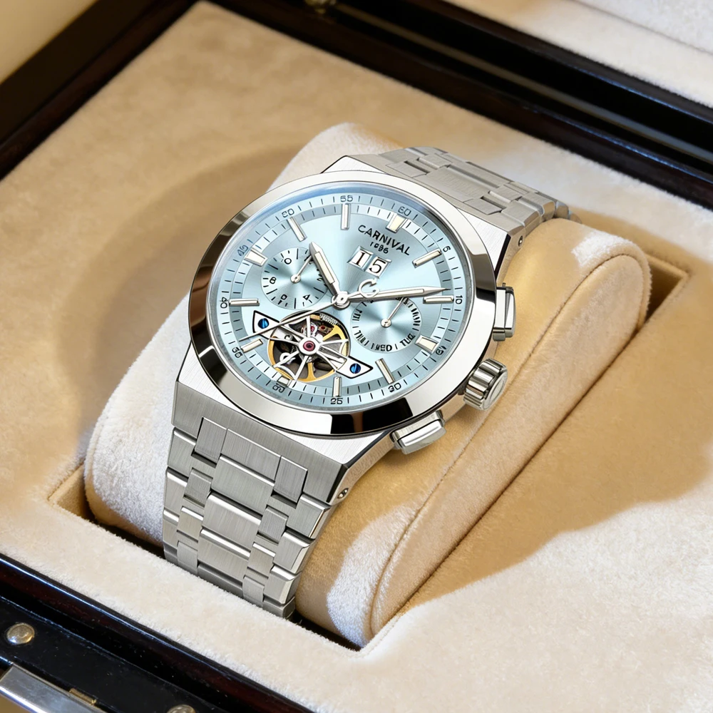 

Модные механические часы Carnival для мужчин, роскошные часы с турбийоном из нержавеющей стали, водонепроницаемые часы с сапфировым стеклом, 50 м, мужские часы