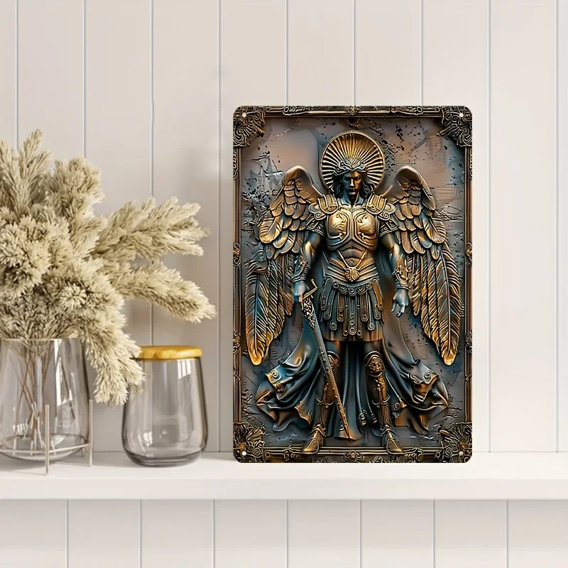 Boho Style Aluminum Wall Hanging Decorative Plaque, 3D Angelic Archangel Michael Art - Multipurpose Theme Decor for Room, Home