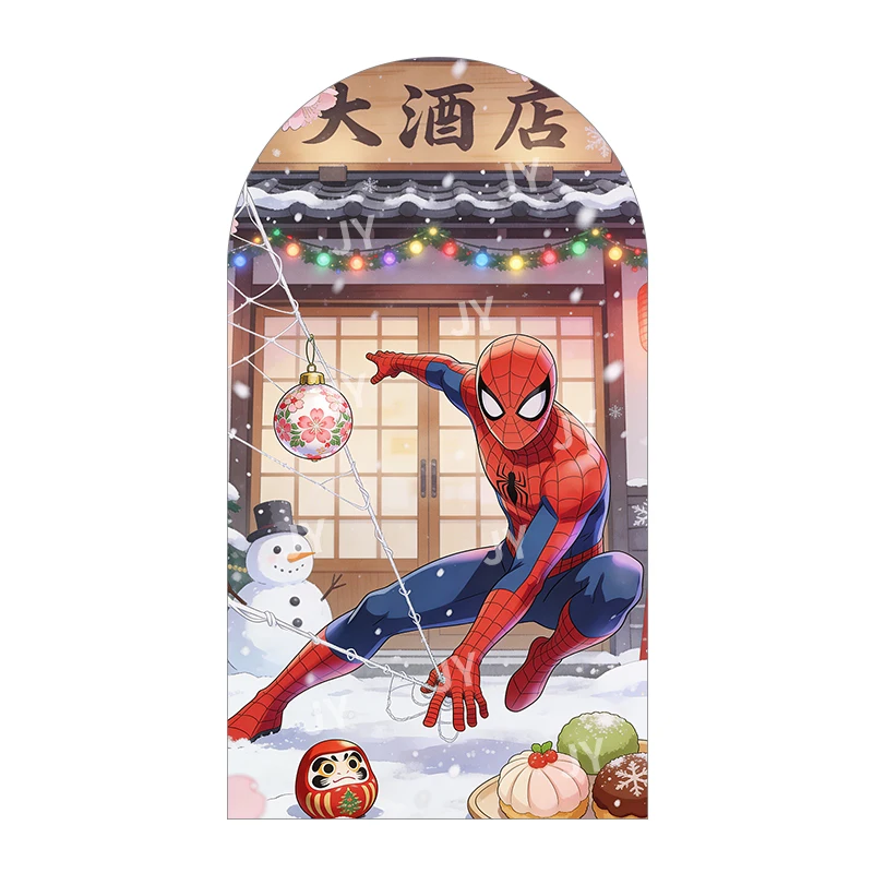 Spiderman Japanse stijl kerstboog achtergrond cover feestelijke hotelscène met snoepjes voor kinderen verjaardag baby shower Photo Booth