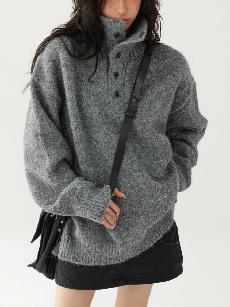 2026 Herbst Locker Geschnittener Dicker Warmer Stehkragen-Strickpullover Koreanischer Einfarbiger Knopf-Halbknopfverschluss Rollkragen Damenpullover