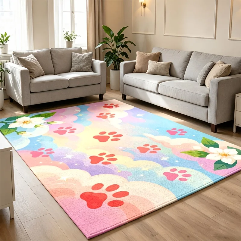 Watercolor Forest Rabbit Squirrel Area Rug Pastel Floral Fairy Print Large Floor Carpet Whimsical Nature Living Room Home Decor