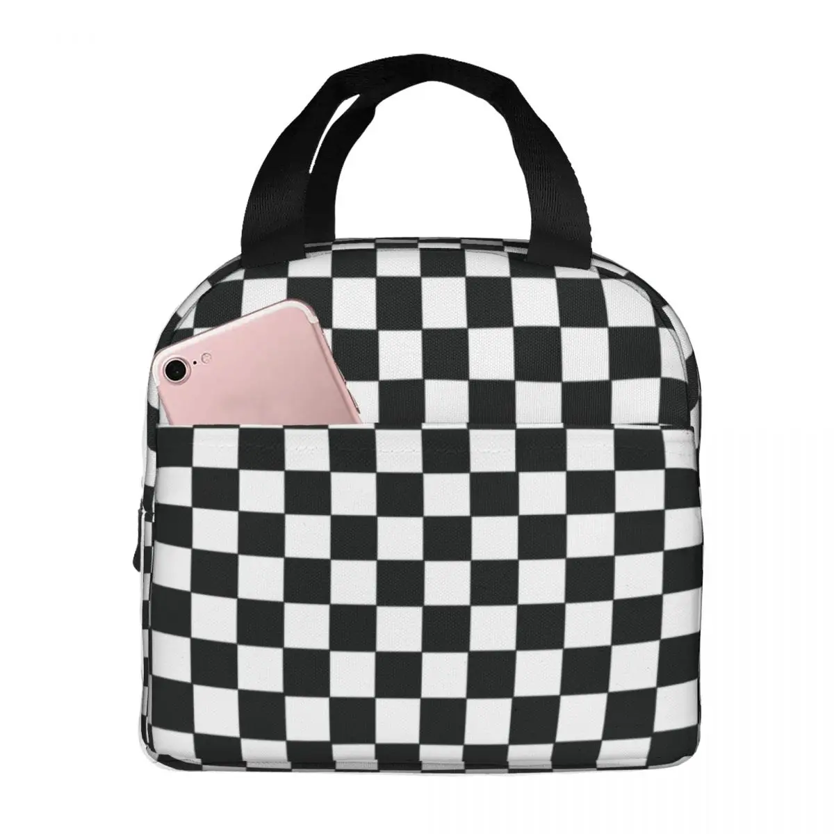 Checkerboard Plaid Insulated Lunch Bags for Work School Black And White Plaid   Waterproof Cooler Thermal Bento Box