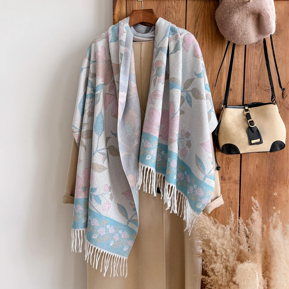 Brand Fashion Winter Cashmere Shawl for Women - Vintage Oil Painting Printed Floral Tasseled Pashmina Thick Scarf