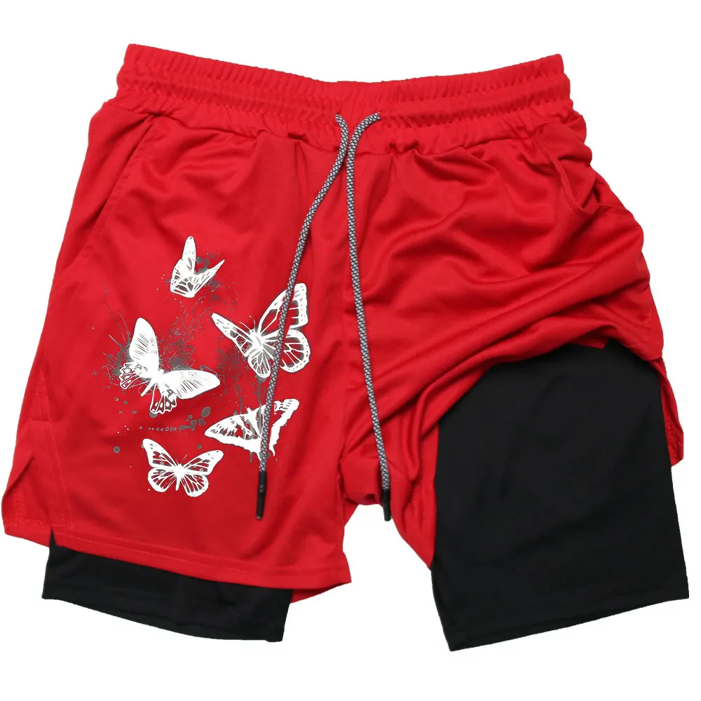 Double-Deck Butterfly Sport Shorts para homens, corrida, academia, fitness, treinamento, jogging, fundo, roupas esportivas, Y2K, 2 em 1