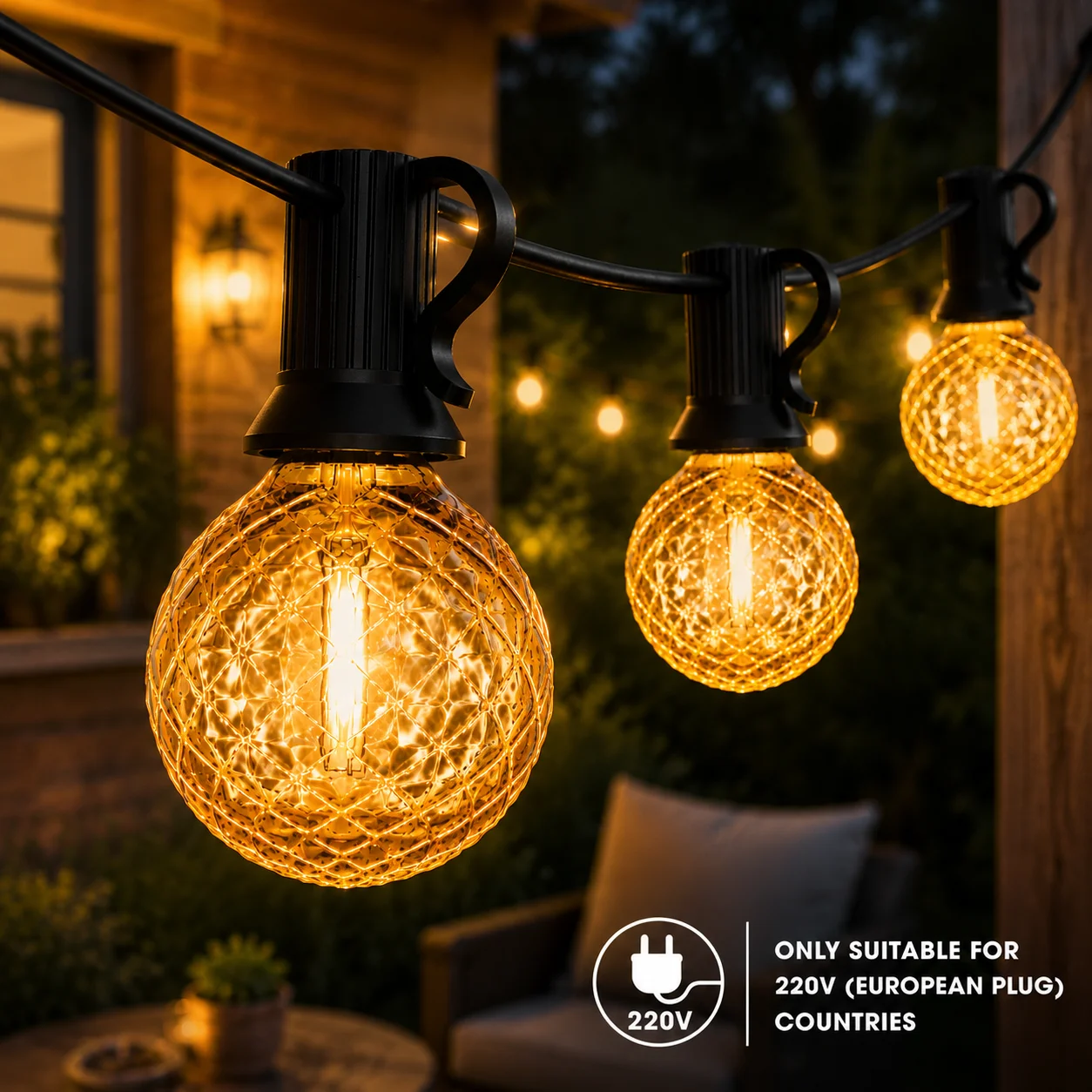 Diamantförmige Bernstein-Lichterkette für Außenbereich, 1W 220V EU-Stecker E12, bruchsichere, wasserdichte LED-Glühbirne aus Kunststoff, dimmbar, für Terrasse
