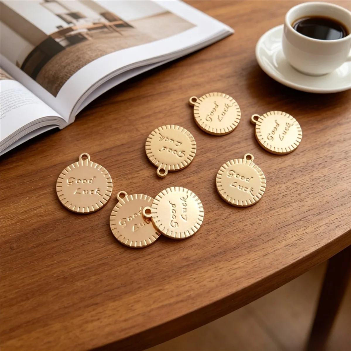 Brass 14K Gold Plated 10.5mm Round Good Luck Tag Charms 1pcs DIY Necklace Bracelet Findings