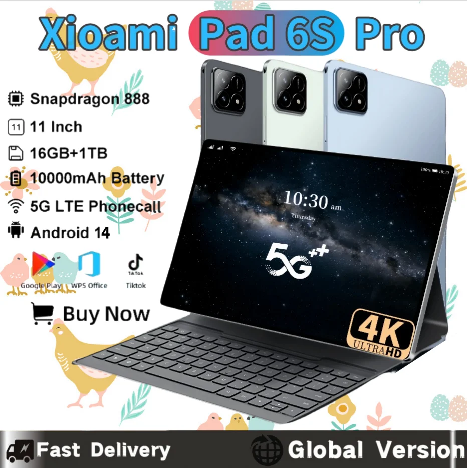 

Global Edition Pad 6S Pro Tablet XioaMi Android 14 11-inch HD 16GB+1TB 10000mAh 5G Bluetooth WiFi GPS Learning Software Notebook