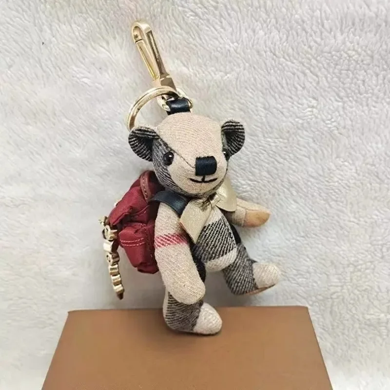 Cashmere Plaid Teddy Bear with Backpack Plush Doll Car Keychains Couple Bag Charm Hanging Pendant Cute Gifts Women Men