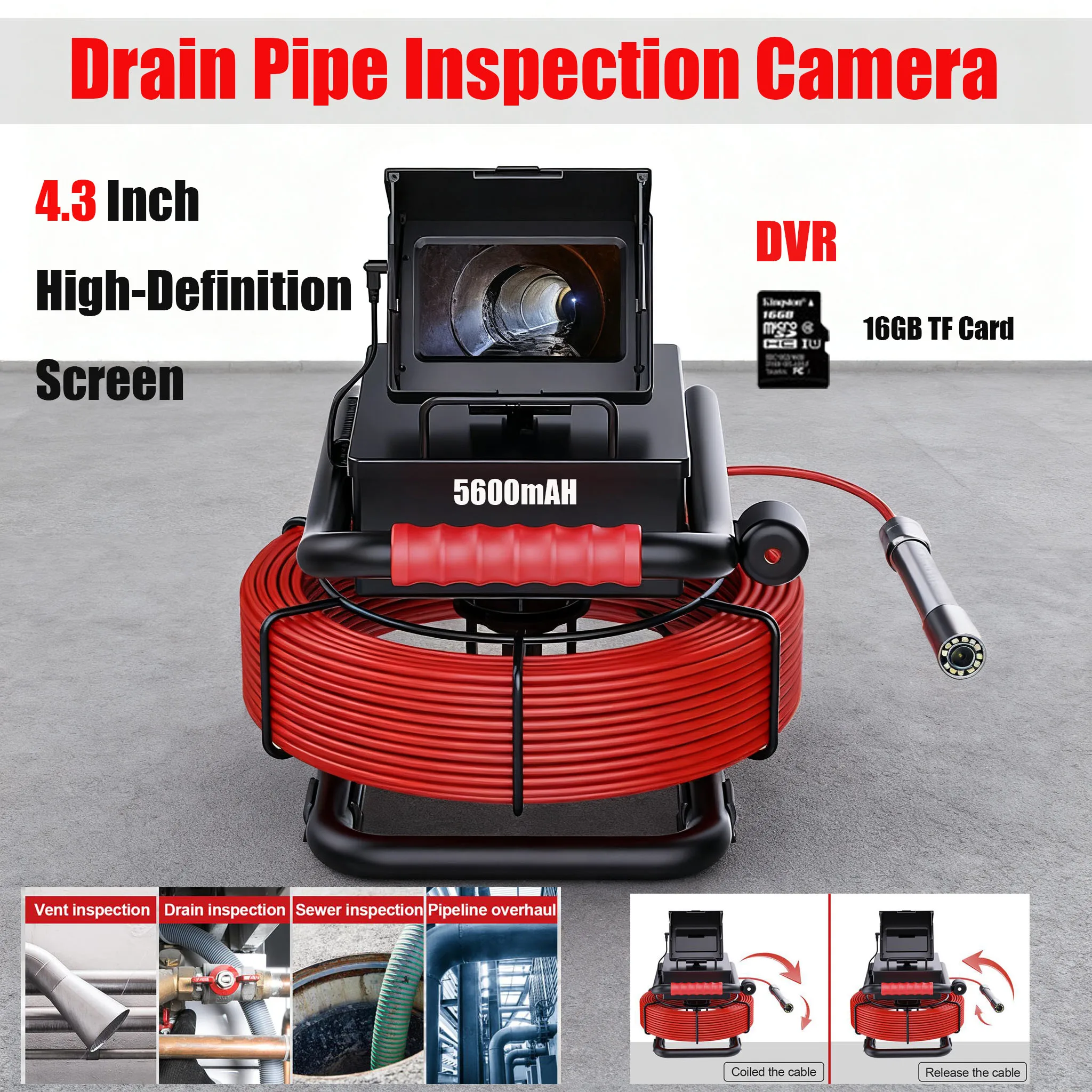 

4.3" TFT Sewer Inspection DVR Camera 16GB TF Card 5600mAh Battery IP68 Waterproof for Pipeline Plumbing 20M/30M/50M Options