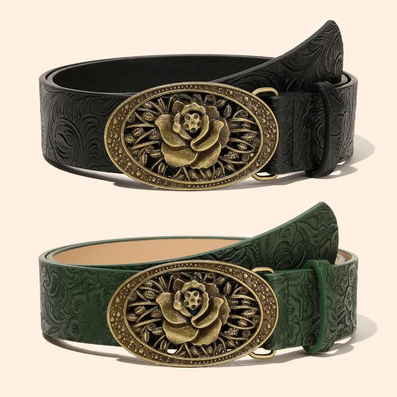 Fashionable and Exquisite Retro Rose Buckle Belt  Women's Oval Leather Belt with Embossed Waist Cincher and Carved Metal Buckle