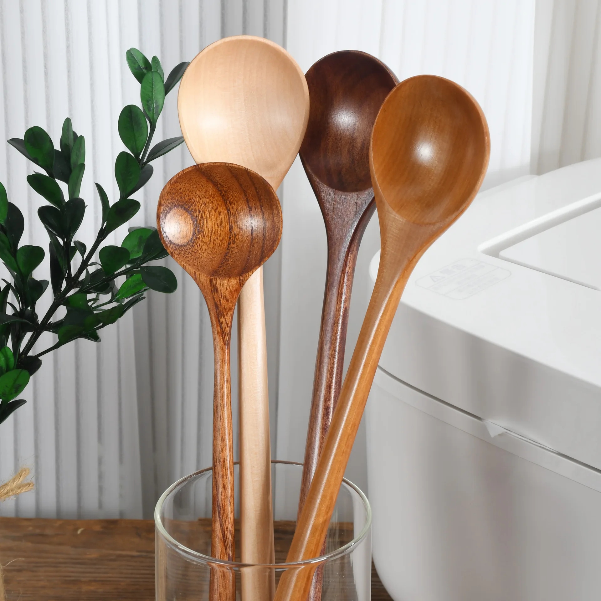 Korean Style 1pc Long Spoons Wooden  10.9 Inches 100% Natural Cooking Mixing Stirr   Handle Round  for  Soup