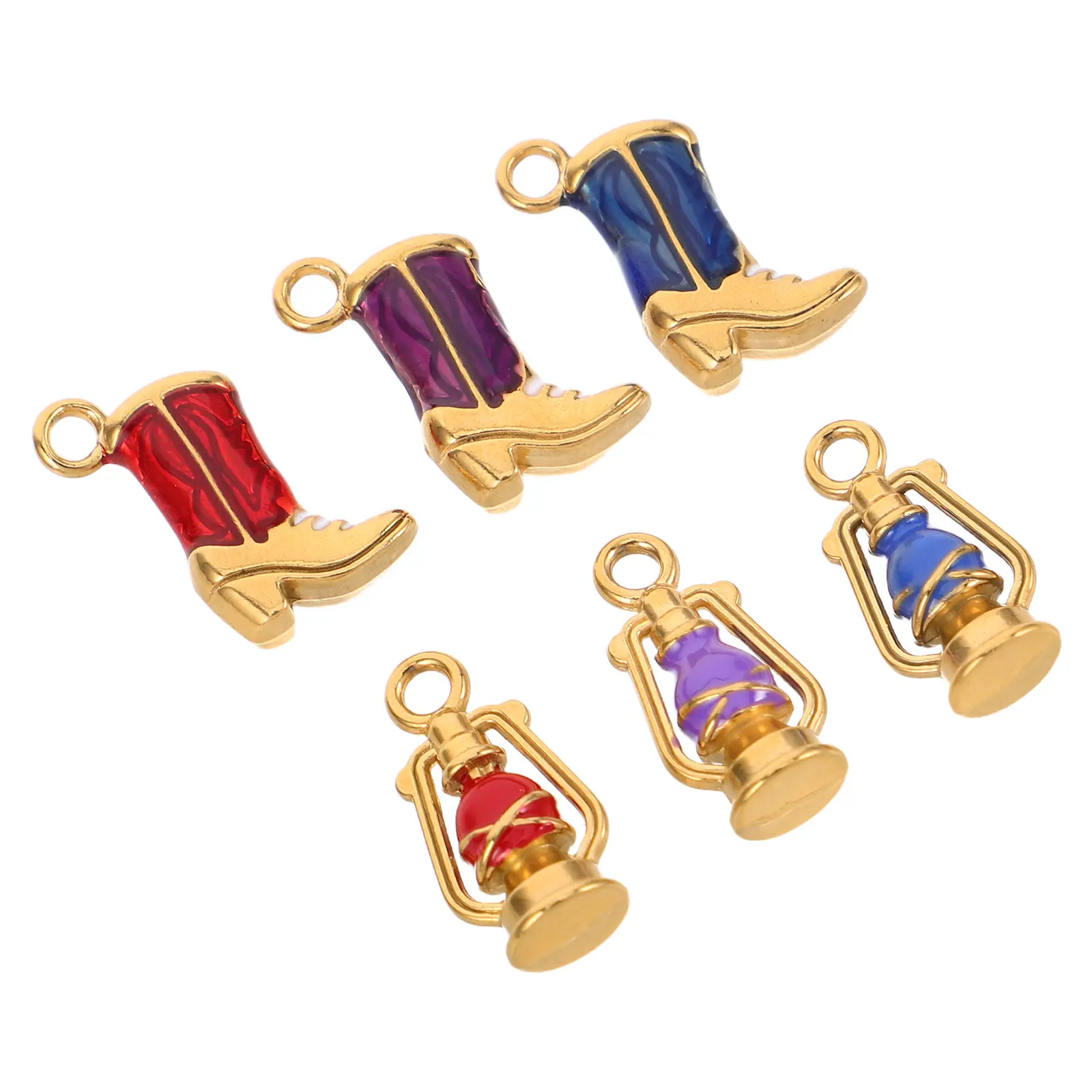 6Pcs Enamel Boot Charms Gold Stainless Steel Cowboy Boot Pendant and Lantern Charm Set Double Sided Rustic Western Jewelry