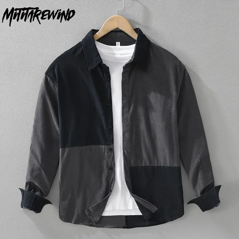 

Новинка 2023 года, весенне-осенняя мужская рубашка, японские повседневные лоскутные дизайнерские рубашки, топы из чистого хлопка, вельветовая мужская рубашка с длинным рукавом в стиле ретро