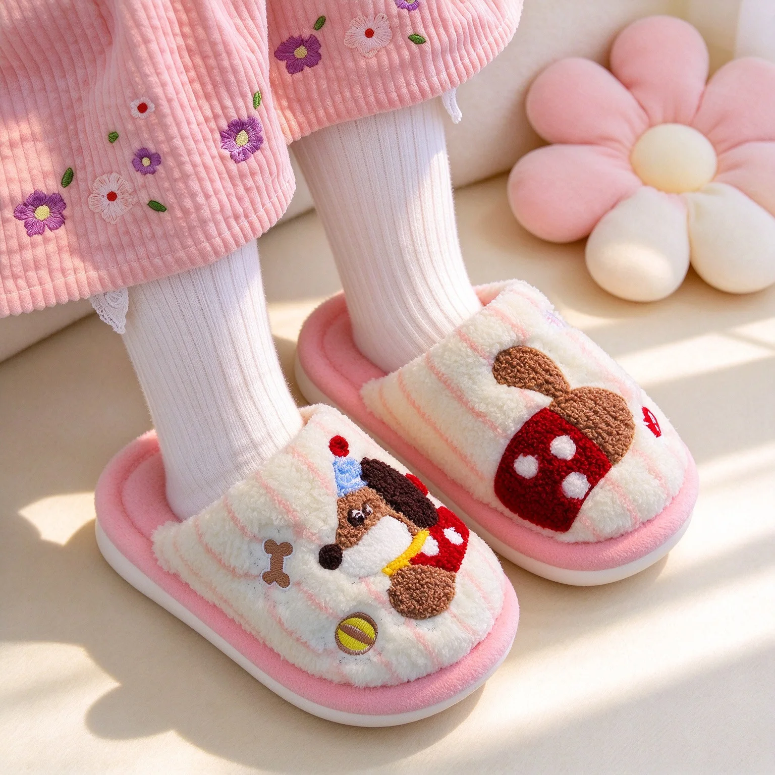 Lovely Girls Dachshund Dog Pattern Warm Plush Slides Winter Cute Rabbit Fluffy House Slippers Boys Non Slip Indoor Kids Shoes 41