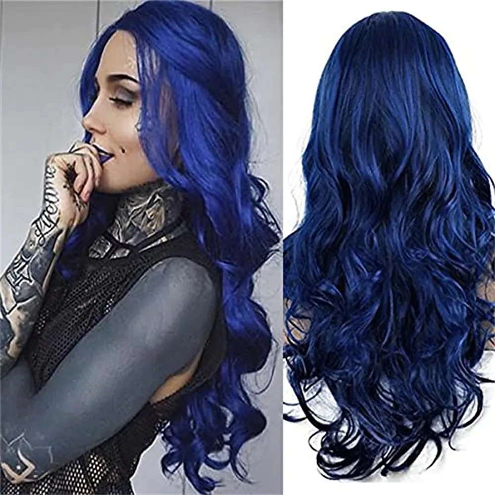 Blue Costume wigs for Women Long Curly Wavy Middle Part Synthetic Natural Looking Heat Resistant Party Cosplay Wig