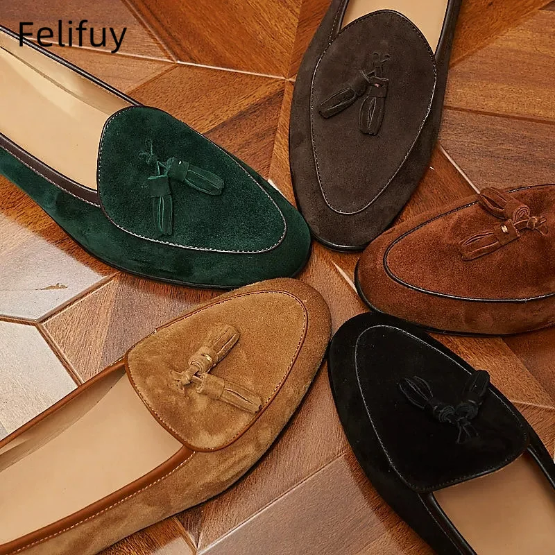 

Fashion Brown Black Tassel Men Loafers Handmade Cow Suede Round Toe Low-heeled Business Casual Wedding Party Daily Men Flat Shoe