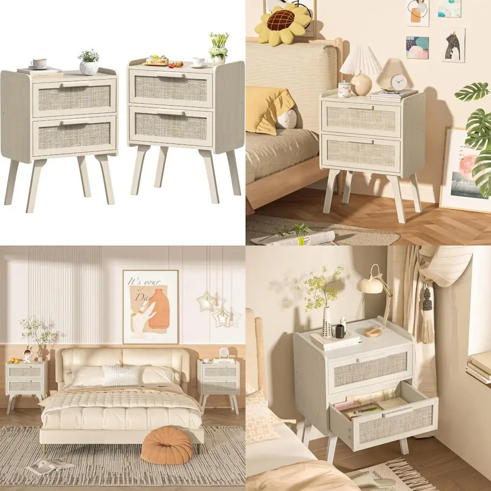 Boho Style Rattan Nightstands, Set of 2 Drawer Night Stands, Solid Wood Accent Side Tables, Bedside Tables for Bohemian Decor