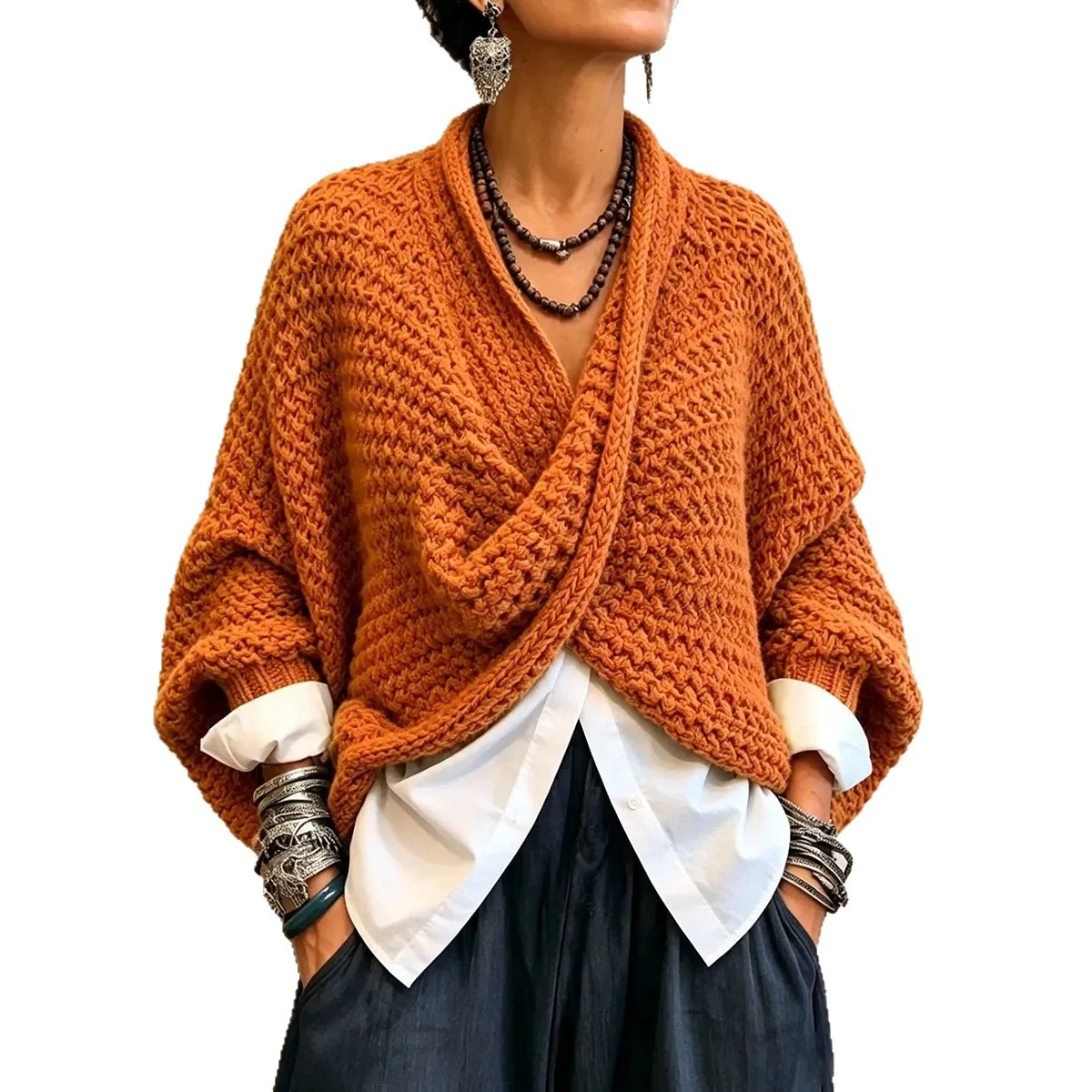 Women's Autumn Thick Textured Front Knitted Jumper Knitted Cross Sweater V-neck Loose Batball Sleeve Bohemian Daily Knitted Top 5