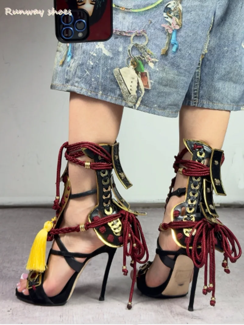 Retro Style Red And Black Color Scheme Jewel-Decorated High-Heeled Sandals Round Head Stilettos Cross Straps Luxury Sandals