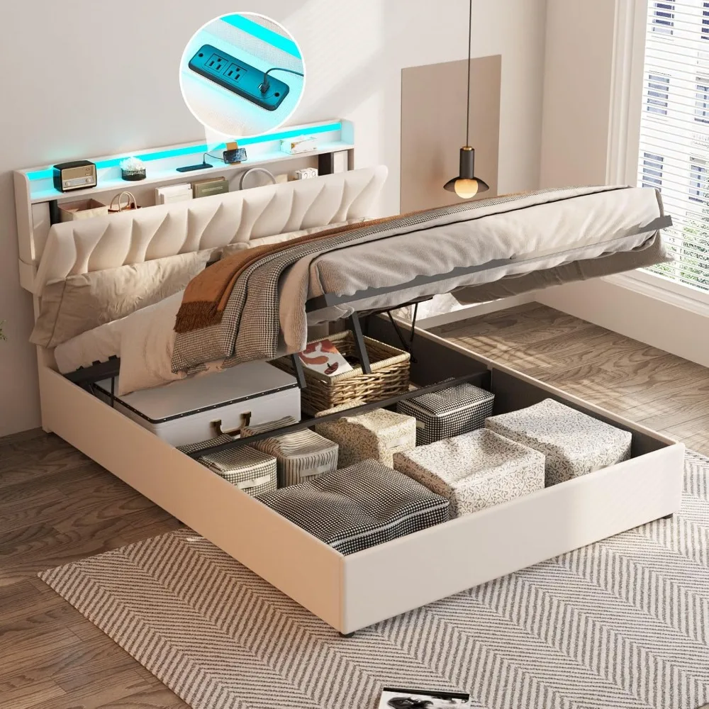 Lift Up Storage Bed Frame with Adjustable Headboard, Charging Station, LED Lights, Wood Slats, Noise-Free