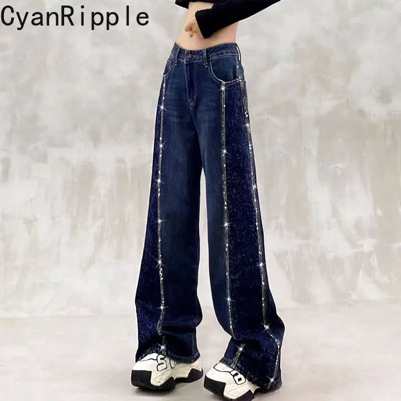 Fashionable New Spring Autumn Women Denim Trousers Wide Leg Pants Side Hot Diamonds All-match High Waist Casual Straight Jeans