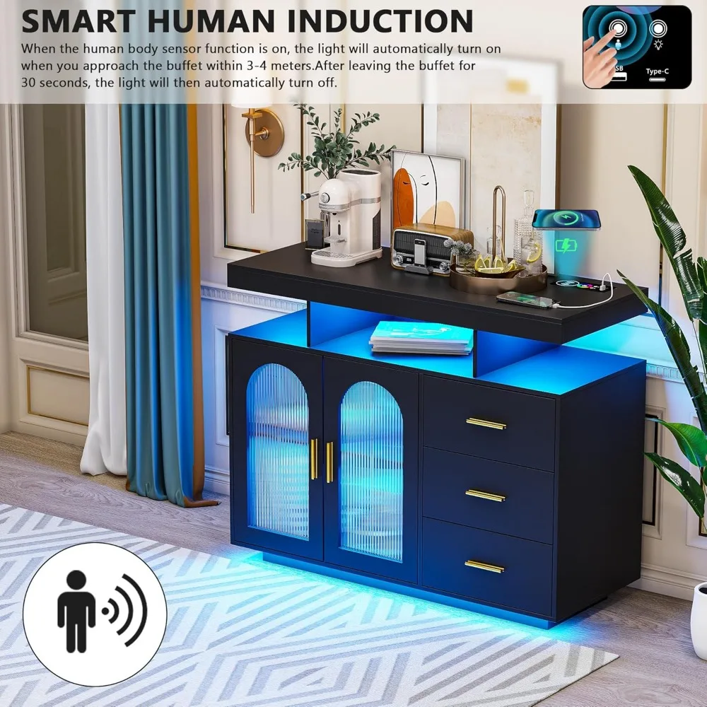 40" LED Buffet Cabinet with Wireless Charging Station,Auto Sensor RGB 20-Color Dimmable Sideboard with Human Body Induction