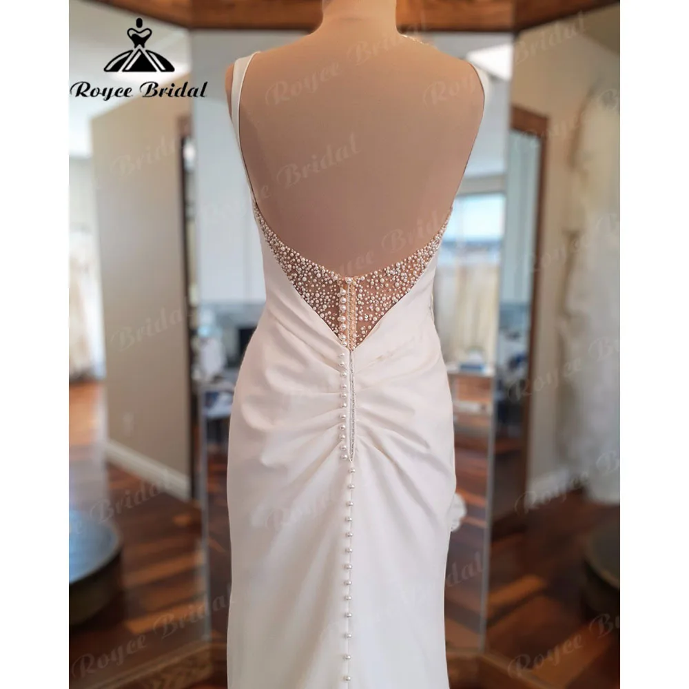 Vintage Mermaid Boho Soft Satin Split Side Pearls Women Wedding Dress 2024 Bridal Gown Backless robe mariage femme Roycebridal