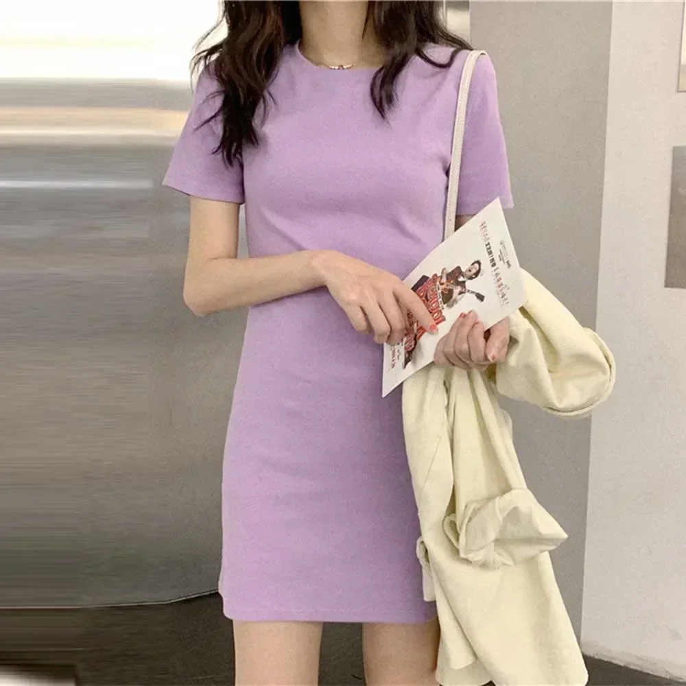 여성 여름 긴 짧은 소매 티셔츠 드레스 한국어 스타일 숙녀 캔디 컬러 드레스 패션 편안한