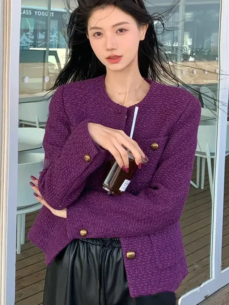 New Vintage Tweed Purple Jacket Women Elegant Long Sleeve Single Breasted Elegant Woolen Coat Korean Fashion Outwear Fall Winter