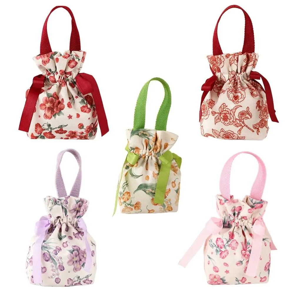 Sac à fleurs en toile florale, sac à cordon de proximité, grande capacité, nœud en ruban, sac à sucre festif, sac à bonbons de mariage de style coréen