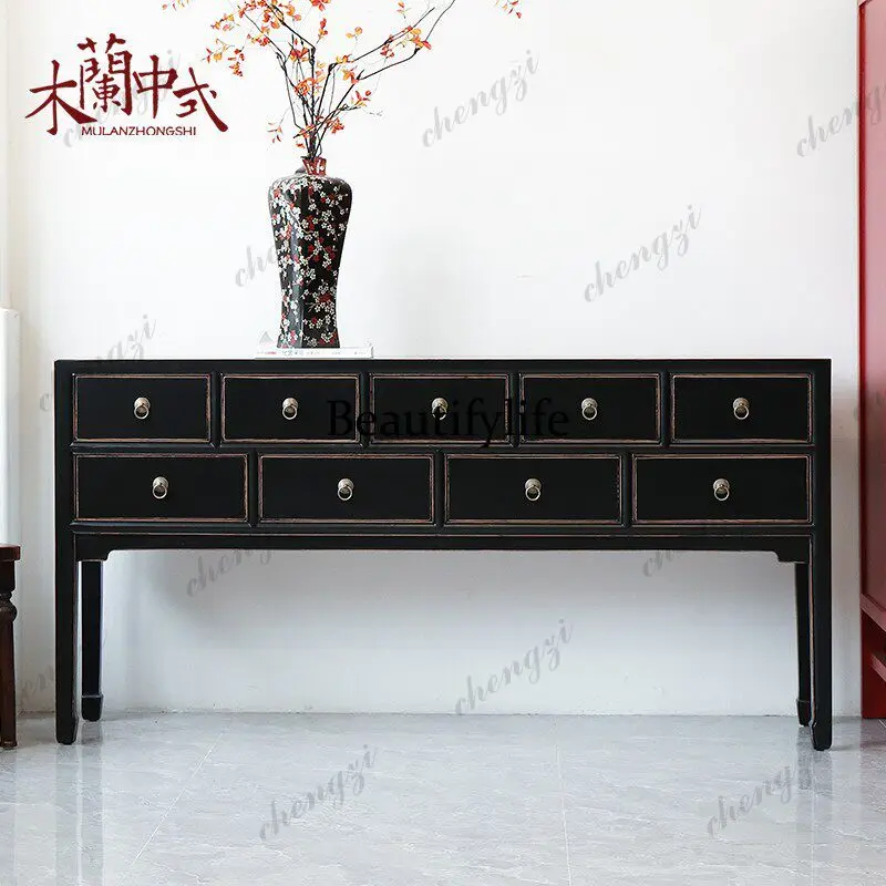Chinese solid wood dining side cabinet, black nine-pump locker, living room retro storage cabinet