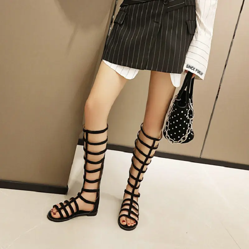 QPLYXCO 2022 knee high hallow cut out female gladiator sandals open toe zipper casual punk flats summer shoes women sandals