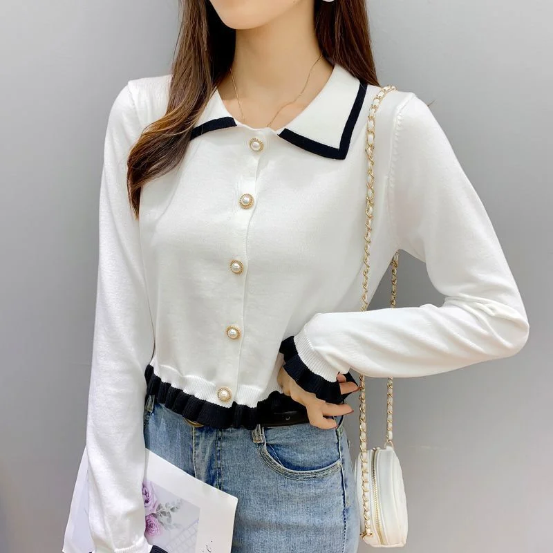 

New Polo Neck Pearl Button Ruffled Temperament High Waist Long Sleeve Knitted Women's Short Top