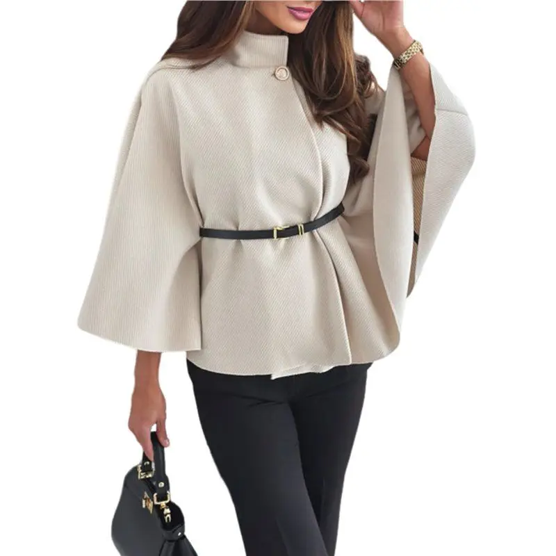 

【GIFT】Women Batwing Sleeve Ponchos Pea Coat Stand Collar Capes Jacket Cloak Elegant Wool Coat With Belt