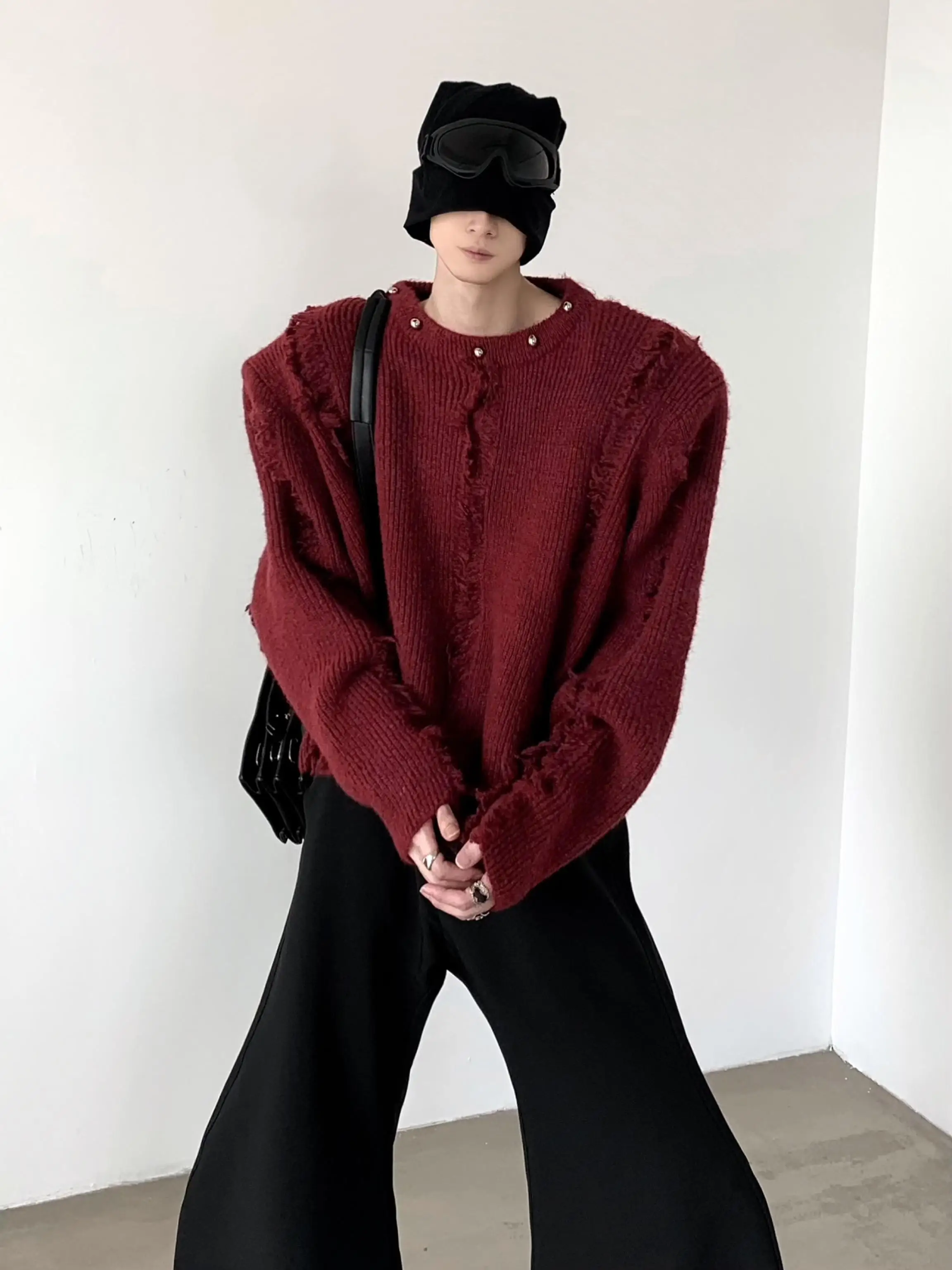 Retro American Knitwear Men's Lazy Wide Shape Tassel Sweater Jacket Casual Loose Fit Winter Season Long Sleeve round Neck