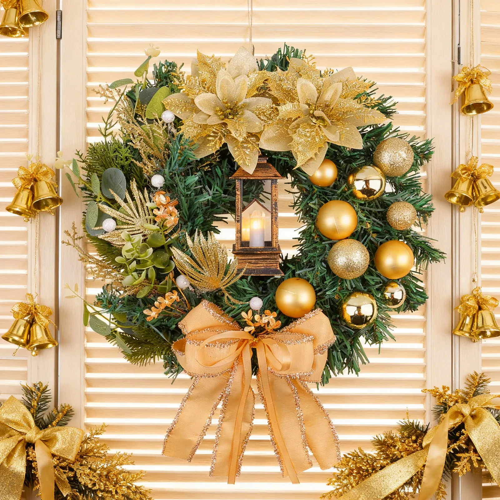 30/40cm Christmas Wreath With Lights Red Bow Decorative Garlands Holiday Door Window Garden Outdoor Party Christmas Decoration