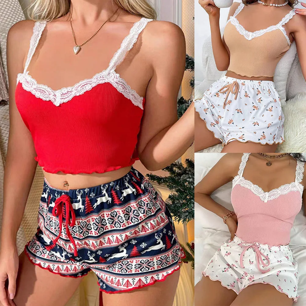 المرأة بيجامة مجموعة الدانتيل الخامس الرقبة مثير الحمالات سترة مطبوعة السراويل Homewear مجموعة