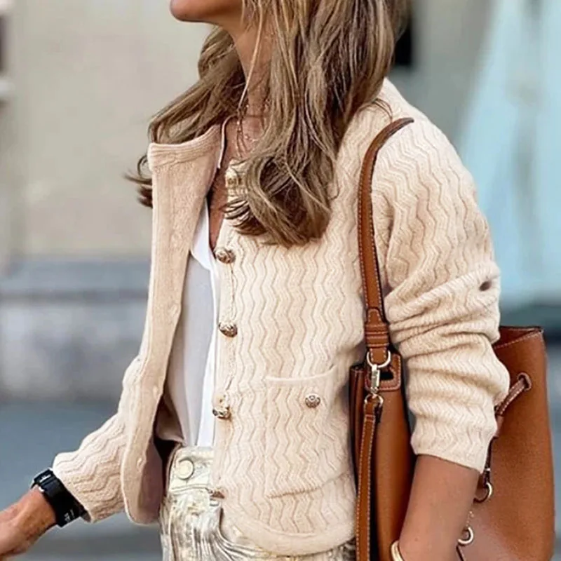 

Женские элегантные однобортные короткие пальто с круглым вырезом, зимние повседневные однотонные куртки с длинными рукавами, осенняя мода, вязаный кардиган в рубчик