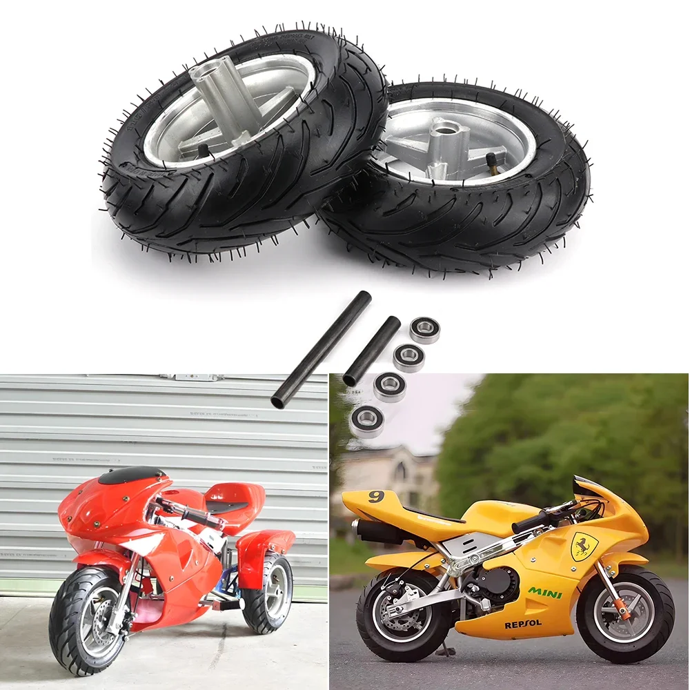 

Front Wheels 90/65-6.5 Rear 110/50-6.5 Tubeless Tyres Vacuum Tires with Wheel Hub for 47cc 49cc 2 stroke Mini Off-road Scooters