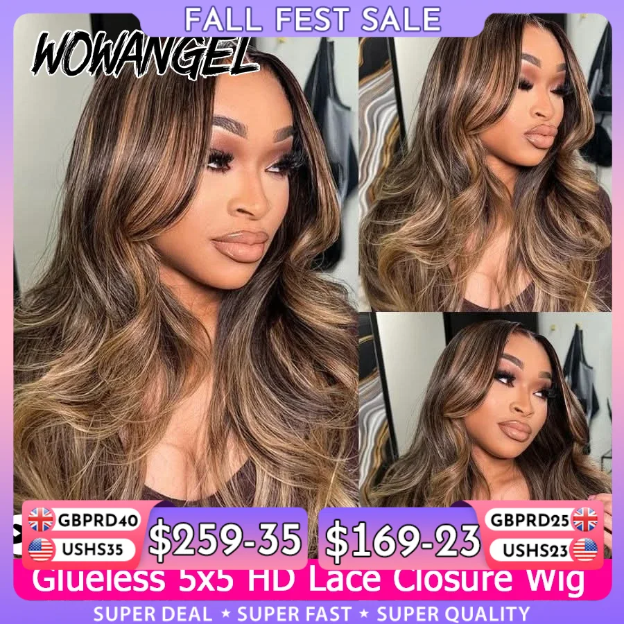 WOWANGEL Honigblonde Balayage-Perücke mit Highlights, gewellte Echthaar-Perücken, 5x5 HD-Spitze, klebefreie Perücken, vorgebleichtes brasilianisches Haar
