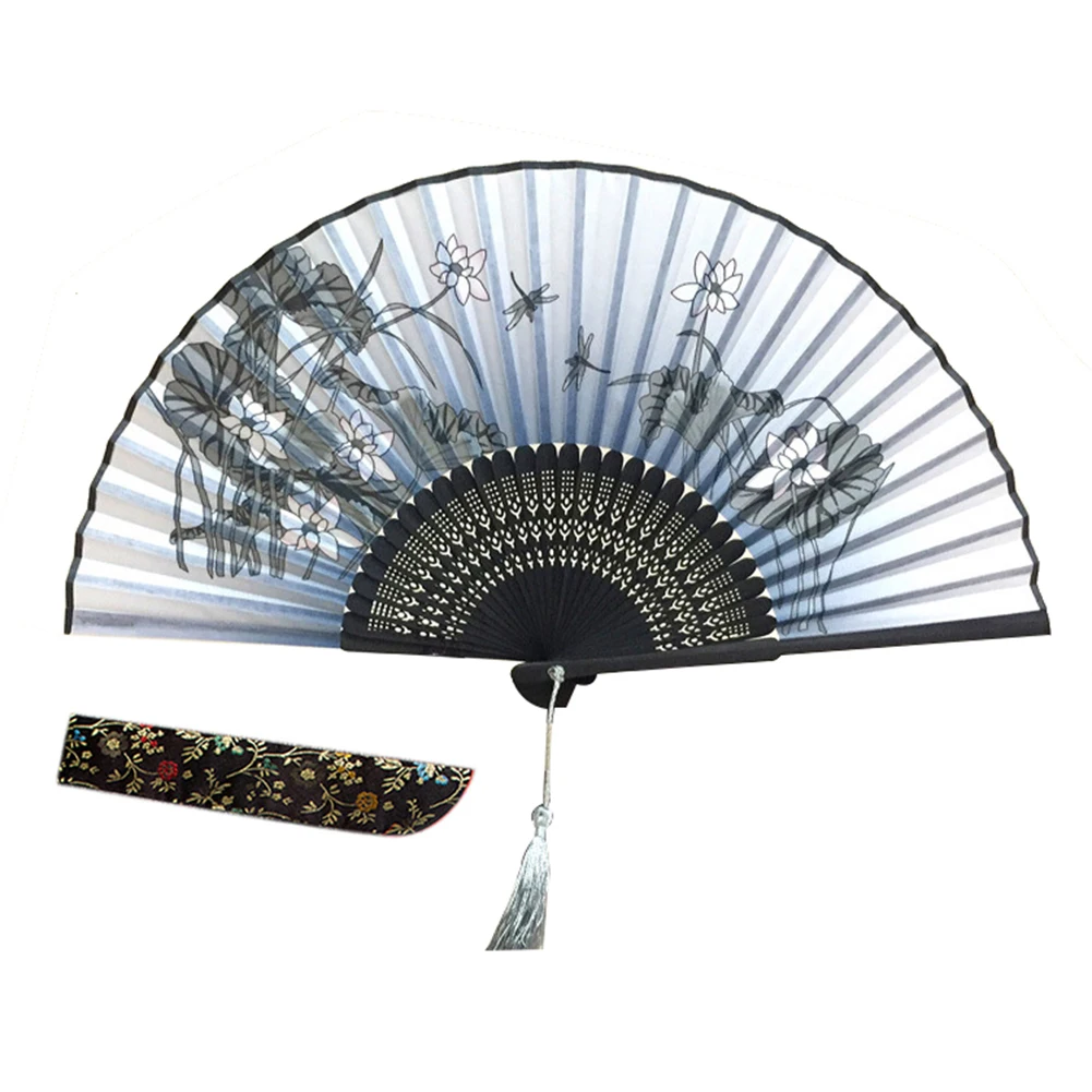 Hand Held Folding Fan Grass Flowers Pattern Fan with A Fabric Sleeve for Keeping Cool Decorating Sta