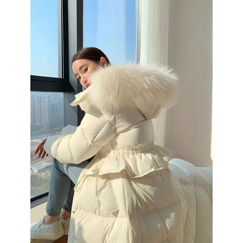 Luxury Natural Fox Fur 2024 Winter Women Puffer Jacket Long Parkas 90% White Duck Down Coats Hooded Warm Rouched Waist Outwear