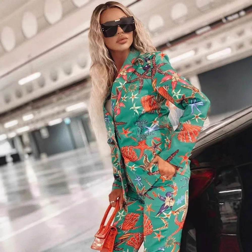 

Женский пиджак с принтом морской жизни в европейском и американском стиле, популярная мода