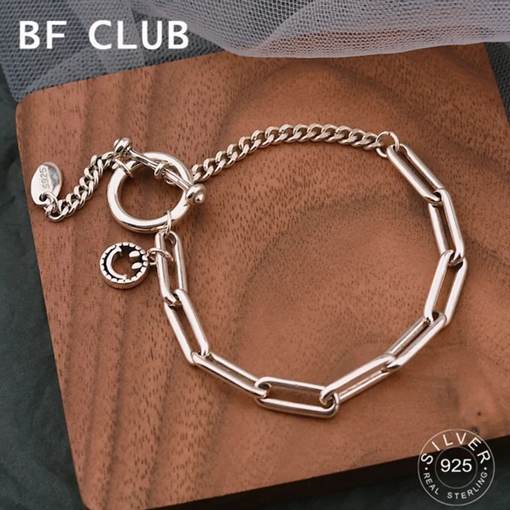 BFCLUB-pulsera gruesa de Hiphop para hombre y mujer, brazalete con broche hecho a mano, Color plateado, Simple, Vintage, regalo de cumpleaños